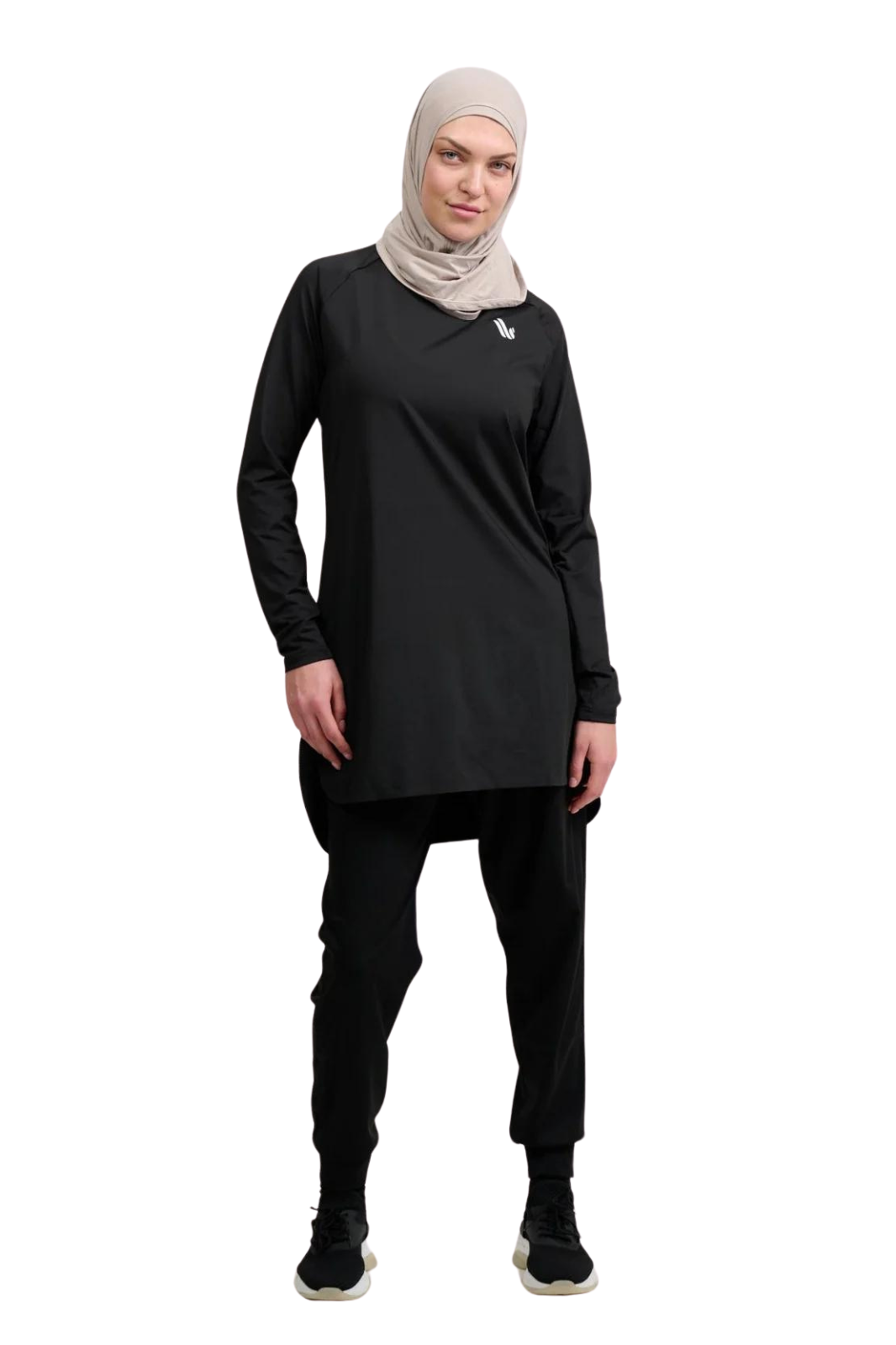 stretching in  black modest activwear